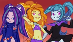 Size: 1584x909 | Tagged: safe, artist:drantyno, derpibooru import, adagio dazzle, aria blaze, sonata dusk, equestria girls, adoragio, ariabetes, belly button, clothes, cosplay, costume, cute, female, halloween, halloween costume, holiday, image, jinx (teen titans), png, raven (teen titans), sonatabetes, starfire, teen titans, the dazzlings