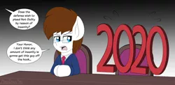 Size: 2380x1166 | Tagged: safe, artist:aarondrawsarts, derpibooru import, oc, oc:brain teaser, earth pony, 2020, 2020 hate, clothes, dialogue, glasses, image, lawyer, male, png, suit, sweat