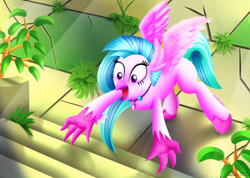 Size: 3500x2500 | Tagged: safe, artist:leonkay, derpibooru import, silverstream, hippogriff, cute, diastreamies, excited, female, image, png, scene interpretation, solo, stairs, that hippogriff sure does love stairs