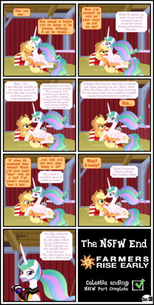 Size: 3255x6434 | Tagged: suggestive, artist:gutovi, derpibooru import, applejack, princess celestia, alicorn, earth pony, pony, comic:why me!?, alternate ending, alternate hairstyle, applelestia, barn, blushing, comic, eyes closed, facial hair, female, freckles, horn, image, implied group sex, implied incest, implied lesbian, implied lunajack, implied princest, implied sex, implied shipping, implied threesome, lesbian, missing accessory, pigtails, png, shipping, song reference, sweet apple acres, the lonely island