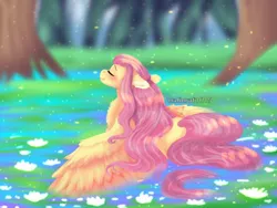 Size: 1024x768 | Tagged: safe, artist:malinraf1615, derpibooru import, fluttershy, pegasus, pony, alternate hairstyle, beautiful, blushing, chest fluff, cute, eyes closed, female, grass, image, jpeg, leaf, lilypad, mare, river, shyabetes, solo, tree, water