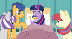 Size: 1280x692 | Tagged: safe, artist:stardustsentry501, derpibooru import, flash sentry, moondancer, twilight sparkle, twilight velvet, oc, oc:stardust sentry, pony, baby, baby pony, base used, female, flashlight, image, jpeg, male, offspring, parent:flash sentry, parent:twilight sparkle, parents:flashlight, shipping, straight