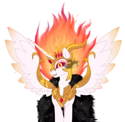 Size: 1200x1175 | Tagged: safe, artist:unoriginai, derpibooru import, daybreaker, alternate design, fur coat, horns, image, looking at you, mane of fire, png, simple background, solo, transparent background