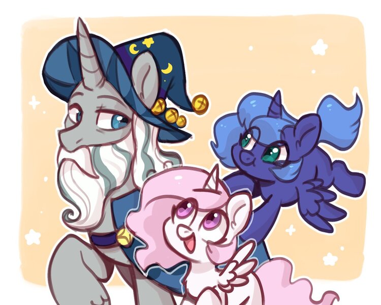 Size: 1280x1024 | Tagged: safe, artist:colorfulcolor233, derpibooru import, princess celestia, princess luna, star swirl the bearded, alicorn, pony, unicorn, blank flank, cewestia, chest fluff, cute, cutelestia, female, filly, filly celestia, filly luna, image, jpeg, male, open mouth, pink-mane celestia, royal sisters, siblings, sisters, stallion, trio, woona, younger