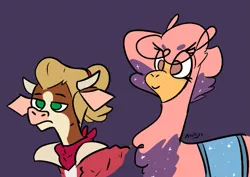 Size: 771x547 | Tagged: safe, artist:azulejo, derpibooru import, arizona cow, paprika paca, alpaca, cow, them's fightin' herds, adora, arizona cow is not amused, clothes, community related, cosplay, costume, female, glimmer (she-ra), image, png, she-ra and the princesses of power, smiling