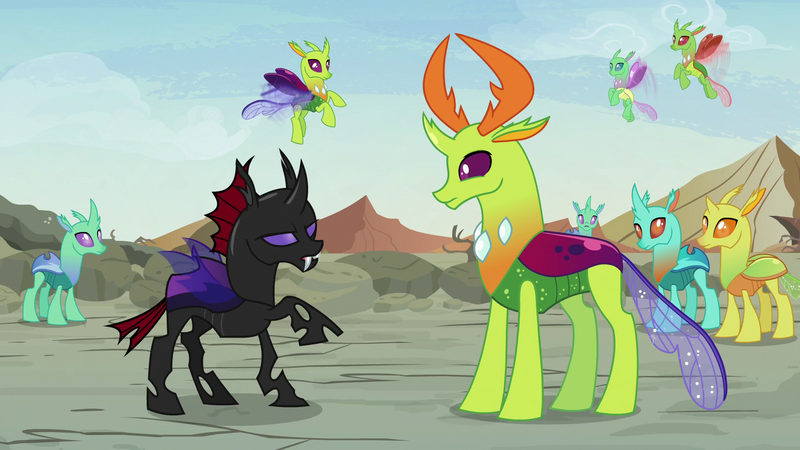 Size: 1920x1080 | Tagged: safe, derpibooru import, screencap, arista, clypeus, cornicle, frenulum (character), pharynx, soupling, thorax, changedling, changeling, to change a changeling, background changeling, flying, image, king thorax, male, png, raised hoof, spread wings, wings