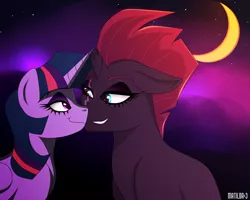 Size: 1280x1024 | Tagged: safe, artist:pinkamenascratch, derpibooru import, tempest shadow, twilight sparkle, twilight sparkle (alicorn), alicorn, pony, unicorn, broken horn, crescent moon, eye contact, female, horn, image, lesbian, looking at each other, moon, night, png, shipping, smiling, tempestlight