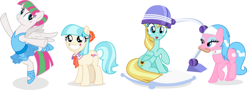 Size: 11873x4347 | Tagged: safe, artist:punzil504, derpibooru import, aloe, blossomforth, coco pommel, helia, earth pony, pegasus, pony, absurd resolution, alternate hairstyle, ballerina, bipedal, cocobetes, cute, female, file, hair dryer, image, mare, png, simple background, smiling, standing, standing on one leg, transparent background, twilight sparkle day, vector