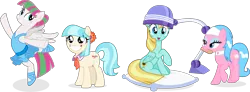 Size: 11873x4347 | Tagged: safe, artist:punzil504, derpibooru import, aloe, blossomforth, coco pommel, helia, earth pony, pegasus, pony, absurd resolution, alternate hairstyle, ballerina, bipedal, cocobetes, cute, female, file, hair dryer, image, mare, png, simple background, smiling, standing, standing on one leg, transparent background, twilight sparkle day, vector