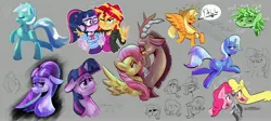 Size: 4096x1828 | Tagged: safe, artist:another_pony, derpibooru import, applejack, discord, fluttershy, lyra heartstrings, oleander (tfh), paprika paca, pinkie pie, sci-twi, spike, starlight glimmer, sunset shimmer, tempest shadow, trixie, twilight sparkle, oc, alicorn, dragon, earth pony, pegasus, unicorn, them's fightin' herds, equestria girls, alicornified, applecorn, broken horn, community related, crying, eyes closed, happy, horn, hug, image, implied lesbian, implied scitwishimmer, implied shipping, jpeg, oleander is not amused, race swap, sad, sketch, smiling