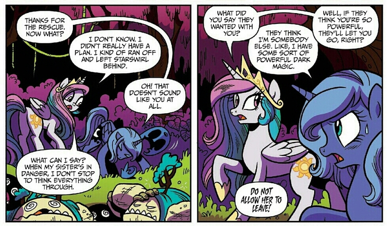 Size: 982x571 | Tagged: safe, derpibooru import, idw, princess celestia, princess luna, alicorn, pony, legends of magic, spoiler:comic, spoiler:comiclom1, alternate dimension, alternate universe, butt, comic, dark forest, duo, duo female, female, image, implied nightmare moon, implied starswirl, jpeg, mare, nightmare moon armor, plot, siblings, sisters, young celestia, young luna