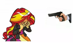 Size: 1275x744 | Tagged: semi-grimdark, derpibooru import, idw, sunset shimmer, equestria girls, abuse, background pony strikes again, beretta, beretta 92fs, crying, gun, image, jpeg, op is a duck, op is trying to start shit, sad, shimmerbuse, sunsad shimmer, weapon