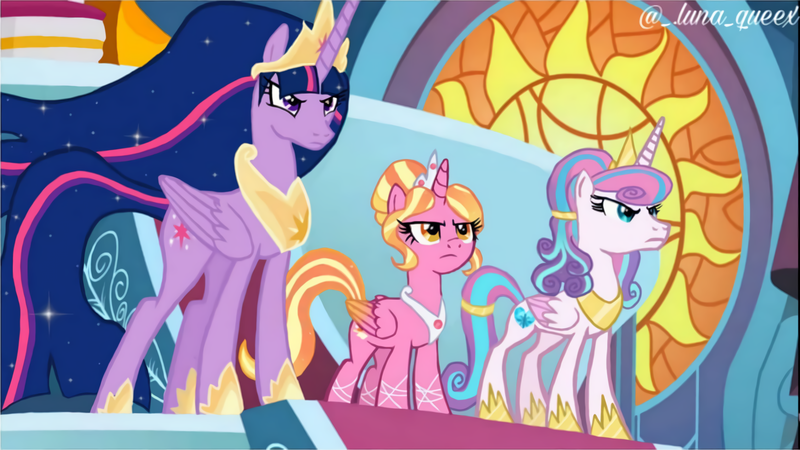 Size: 1920x1080 | Tagged: safe, artist:luna.queex, derpibooru import, edit, edited screencap, screencap, luster dawn, princess flurry heart, princess twilight 2.0, twilight sparkle, twilight sparkle (alicorn), alicorn, pony, the ending of the end, the last problem, alicornified, crown, ethereal mane, female, frown, hoof shoes, horn, image, indoors, jewelry, lustercorn, mare, older, older flurry heart, older twilight, peytral, png, race swap, regalia, starry mane, wings