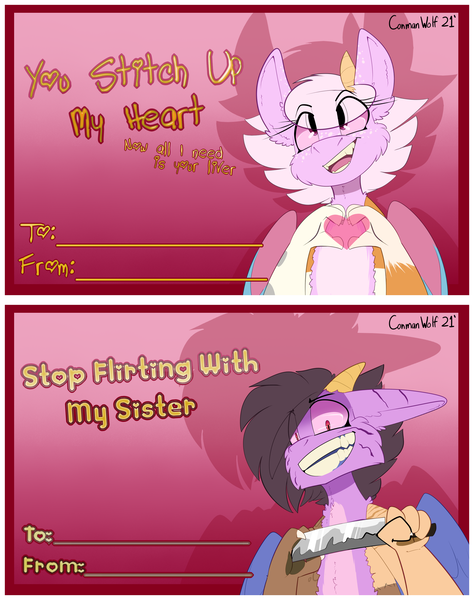 Size: 2450x3100 | Tagged: safe, artist:conmanwolf, derpibooru import, oc, oc:scraps, oc:stitches, unofficial characters only, draconequus, image, knife, png, valentine's day card