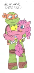 Size: 716x1534 | Tagged: safe, artist:cmara, derpibooru import, pinkie pie, earth pony, pony, turtle, bandana, bridal carry, carrying, crossover, female, hug, image, jpeg, looking at each other, male, mare, michelangelo, one eye closed, open mouth, simple background, teenage mutant ninja turtles, tmnt 2012, traditional art, white background, wink