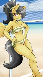 Size: 1848x3339 | Tagged: suggestive, artist:ambris, derpibooru import, edit, daring do, anthro, pegasus, pony, adorasexy, beach, belly button, bicolor swimsuit, bikini, breasts, busty daring do, clothes, cropped, cute, daring dorable, female, fit, image, mare, muscles, png, ponytail, sexy, side-tie bikini, smiling, solo, swimsuit
