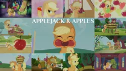 Size: 1968x1107 | Tagged: safe, derpibooru import, edit, edited screencap, editor:quoterific, screencap, applejack, bloomberg, yona, applebuck season, apple family reunion, bats!, feeling pinkie keen, over a barrel, secrets and pies, she's all yak, simple ways, swarm of the century, the super speedy cider squeezy 6000, yakity-sax, apple, apple tree, food, image, party cave, png, that pony sure does love apples, tree