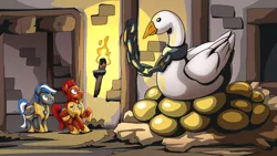 Size: 2560x1440 | Tagged: safe, artist:mysticalpha, derpibooru import, oc, oc:captain sunride, oc:cloud zapper, unofficial characters only, bird, goose, pegasus, pony, armor, castle, golden egg, image, male, pegasus oc, png, royal guard, royal guard armor, stallion, wings