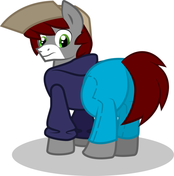 Size: 2496x2520 | Tagged: safe, artist:khaki-cap, derpibooru import, oc, oc:khaki-cap, earth pony, pony, adobe illustrator, butt, cap, clothes, earth pony oc, hat, hoodie, image, jean thicc, jeans, large butt, looking back, male, mane, pants, png, pony oc, rear, shadow, simple background, stallion, tail, thicc ass, transparent background, vector