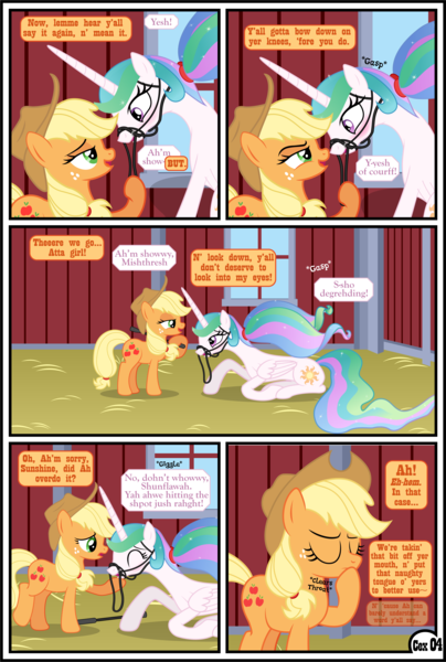Size: 3255x4839 | Tagged: questionable, artist:gutovi, derpibooru import, applejack, princess celestia, alicorn, earth pony, pony, comic:why me!?, alternate ending, alternate hairstyle, appledom, applelestia, barn, bit gag, blushing, bridle, comic, dominatrix, female, femdom, femsub, freckles, from behind, gag, image, lesbian, missing accessory, pigtails, png, reins, riding crop, shipping, sitting, sublestia, submissive, sweet apple acres, tack, tongue out, window