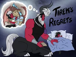Size: 2048x1536 | Tagged: safe, artist:melspyrose, derpibooru import, lord tirek, queen haydon, oc, oc:prince torak, centaur, gargoyle, spoiler:comic, bed, bracer, cloven hooves, colored hooves, cute, dream, eyes closed, father and child, father and son, image, male, nose piercing, nose ring, piercing, png, sleeping, thinking, tirebetes