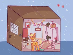 Size: 1024x768 | Tagged: safe, artist:valkiria, derpibooru import, applejack, winona, butterfly, dog, earth pony, insect, pony, ball, bed, box, cute, door, flower, image, jackabetes, micro, pillow, png, pony in a box, rain, solo, window, winonabetes