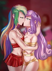 Size: 1499x2048 | Tagged: source needed, suggestive, artist:thebrokencog, derpibooru import, rainbow dash, sweetie belle, human, anime, bra, breasts, busty rainbow dash, busty sweetie belle, clothes, commission, eyes closed, female, french kiss, humanized, image, imminent kissing, kissing, leather skirt, lesbian, older, older sweetie belle, png, ribbon, shipping, sweetiedash, tongue out, underwear, wrapped up