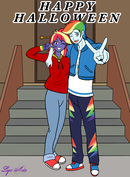 Size: 1106x1500 | Tagged: safe, artist:linedraweer, derpibooru import, rainbow dash, oc, oc:rainbow lightspeed, human, equestria girls, clothes, commission, converse, costume, equestria guys, halloween, halloween costume, happy halloween, holiday, humanized, image, peace sign, png, r63 oc, rainbow blitz, rule 63, shoes