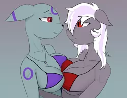 Size: 3211x2480 | Tagged: suggestive, artist:s7ormdancer14, derpibooru import, oc, oc:felix(umbreon), oc:winter fields, unofficial characters only, anthro, bat pony, umbreon, vampire, vampony, anthro oc, bat pony oc, bat wings, big breasts, bikini, bikini top, breasts, clothes, duo, duo female, female, hug, image, jewelry, lesbian, looking at each other, necklace, png, pokémon, red eyes, rule 63, simple background, smiling, swimsuit, symmetrical docking, wings