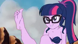 Size: 1200x686 | Tagged: suggestive, artist:devinquinnart, derpibooru import, sci-twi, twilight sparkle, mermaid, equestria girls, 1000 hours in ms paint, barefoot, bra, breasts, cleavage, clothes, crossover, cute, feet, female, happy, image, png, seashell bra, smiling, solo, solo female, strapless, strapless bikini, the little mermaid, twiabetes, underwear, what do you call them?