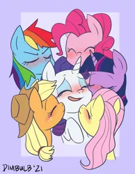 Size: 918x1185 | Tagged: safe, artist:dimbulb, derpibooru import, applejack, fluttershy, pinkie pie, rainbow dash, rarity, twilight sparkle, twilight sparkle (alicorn), alicorn, earth pony, pegasus, pony, unicorn, blushing, female, flarity, image, kissing, lesbian, mane six, omniship, png, polyamory, raridash, rarijack, rarilight, raripie, rarity gets all the mares, shipping