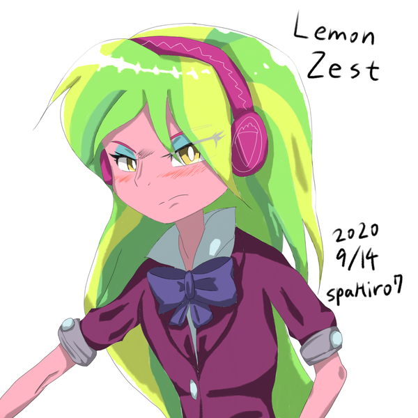 Size: 2000x2000 | Tagged: safe, artist:spahiro7, derpibooru import, lemon zest, equestria girls, blushing, clothes, crystal prep academy uniform, eye clipping through hair, female, frown, headphones, image, png, school uniform, signature, simple background, solo, tsundere, tsundere zest, white background