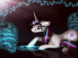 Size: 1080x810 | Tagged: safe, artist:rxndxm.artist, derpibooru import, oc, oc:shooting star, unofficial characters only, pony, unicorn, eyelashes, female, horn, image, jpeg, lying down, mare, pond, prone, reflection, unicorn oc