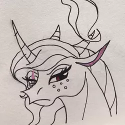 Size: 547x547 | Tagged: safe, artist:stargazerseven, derpibooru import, oc, unofficial characters only, pony, bust, freckles, frown, horns, image, jpeg, lineart, solo, traditional art