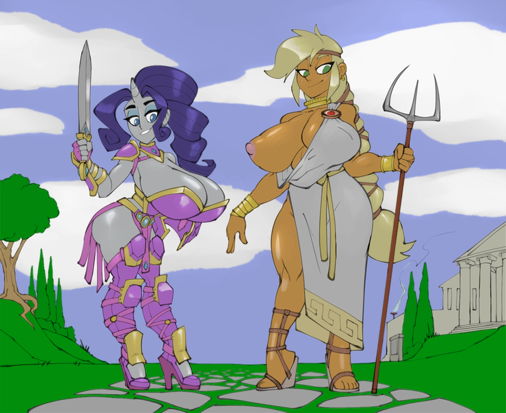 Size: 1434x1170 | Tagged: questionable, artist:bigdad, color edit, derpibooru import, edit, applejack, rarity, human, armor, big breasts, boots, breasts, busty applejack, busty rarity, cleavage, clothes, colored, duo, duo female, exposed breasts, female, footwear, freckles, greek, high heel boots, high heels, horn, horned humanization, huge breasts, humanized, image, impossibly large breasts, looking at you, melee weapon, nipples, nudity, partial nudity, png, polearm, pony coloring, robe, shoes, smiling, sword, trident, weapon