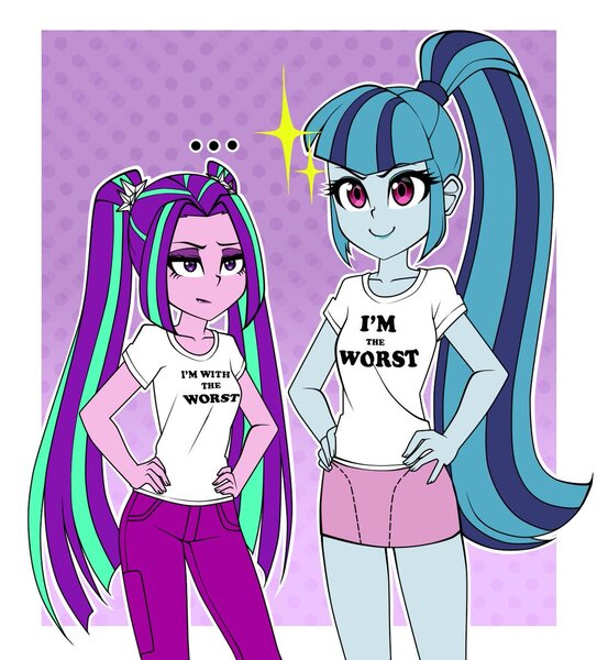 Size: 1086x1200 | Tagged: safe, artist:nekojackun, derpibooru import, aria blaze, sonata dusk, equestria girls, clothes, cute, hands on hip, image, jeans, jpeg, pants, shirt, skirt, sonatabetes, t-shirt