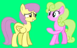 Size: 853x532 | Tagged: safe, artist:katliynrusshia, artist:maddieadopts, derpibooru import, daisy, flower wishes, parasol, earth pony, pegasus, pony, adaisable, background pony, base used, blank flank, buddies, cute, daisol, duo, duo female, female, folded wings, friends, green background, grin, image, lesbian, mare, narrowed eyes, paracute, png, shipping, showers (character), simple background, smiling, wings