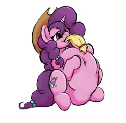 Size: 971x942 | Tagged: suggestive, artist:plaguetyranno, artist:silent-e, derpibooru import, applejack, sugar belle, earth pony, pony, unicorn, applejack's hat, belly, big belly, cowboy hat, female, hat, image, mare, oral vore, png, preyjack, story in the source, tail sticking out, vorabelle, vore