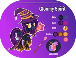 Size: 1400x1068 | Tagged: safe, artist:n0kkun, derpibooru import, oc, oc:gloomy spirit (witch), unofficial characters only, alicorn, bat pony, bat pony alicorn, pony, alicorn oc, bags under eyes, bat pony oc, bat wings, beaker, cape, clothes, fangs, female, gem, glass, gradient background, grin, hat, hoof hold, hoof shoes, horn, horn ring, image, jewelry, mare, markings, png, potion, reference sheet, ring, robe, smiling, solo, staff, wings, witch, witch costume, witch hat
