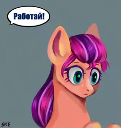 Size: 1000x1060 | Tagged: safe, artist:ske, derpibooru import, sunny starscout, earth pony, pony, bust, cyrillic, female, g5, gray background, image, jpeg, mare, portrait, russian, simple background, solo, speech bubble, text, translated in the comments