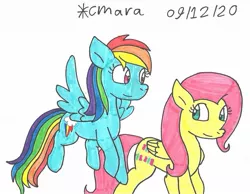 Size: 1224x949 | Tagged: safe, artist:cmara, derpibooru import, fluttershy, rainbow dash, pegasus, pony, duo, female, flying, image, jpeg, mare, simple background, traditional art, white background