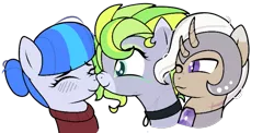 Size: 759x370 | Tagged: safe, artist:icey-wicey-1517, artist:kb-gamerartist, color edit, derpibooru import, edit, oc, oc:cloud drift, oc:sapphire, oc:valkiria, unofficial characters only, earth pony, pegasus, pony, unicorn, armor, blushing, boop, clothes, collaboration, collar, colored, eyes closed, eyeshadow, female, freckles, helmet, horn, image, lesbian, makeup, mare, markings, multicolored hair, multiple horns, noseboop, oc x oc, one eye closed, photo, png, scar, shipping, simple background, sweater, transparent background, wink