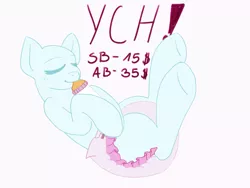 Size: 2001x1503 | Tagged: suggestive, artist:mermaidkuki, derpibooru import, earth pony, pony, abdl, adult foal, baby, baby bottle, bdsm, commission, ddlg, diaper, drinking, eyes closed, fetish, image, legs in air, lewd, non-baby in diaper, png, poofy diaper, solo, ych example, ych sketch, your character here