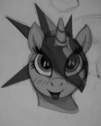 Size: 394x492 | Tagged: safe, artist:singularmj, derpibooru import, oc, oc:horizon, pony, unicorn, black and white, blushing, female, grayscale, horn, image, looking at you, mare, monochrome, png, solo, unicorn oc