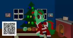 Size: 4096x2160 | Tagged: safe, artist:thunder-blur, derpibooru import, oc, unofficial characters only, earth pony, pony, christmas, christmas tree, fireplace, holiday, image, picture frame, png, present, qr code, raised hoof, simple background, solo, tree, wallpaper, window