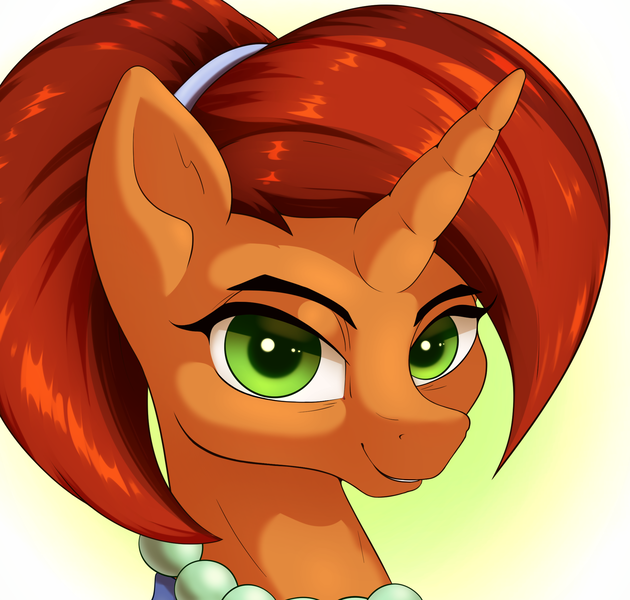 Size: 2100x2000 | Tagged: safe, artist:aquaticvibes, derpibooru import, stellar flare, pony, unicorn, bust, female, green eyes, high res, image, jewelry, looking at you, mare, necklace, pearl necklace, png, portrait, smiling, solo