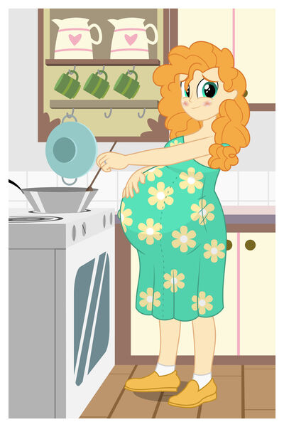 Size: 1280x1920 | Tagged: safe, artist:mintydrop2013, artist:snap1994, derpibooru import, pear butter, equestria girls, belly, big belly, blushing, clothes, cooking, cute, dress, equestria girls-ified, female, housewife, image, indoors, jpeg, kitchen, looking at you, mama pear, pearabetes, pregnant, pregnant equestria girls, pregnant pear butter, shoes, smiling, solo, story included