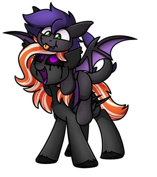 Size: 668x754 | Tagged: safe, artist:sugar morning, derpibooru import, oc, oc:raven stargazer, oc:remnant, unofficial characters only, bat pony, original species, pony, shark, shark pony, :p, bat pony oc, bat wings, black sclera, black tears, cute, image, png, ponies riding ponies, riding, shark bat, simple background, smiling, tongue out, transparent background, void pony, wings