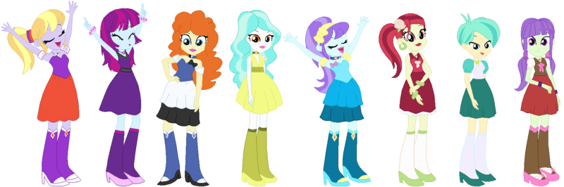 Size: 1687x560 | Tagged: safe, artist:sturk-fontaine, derpibooru import, aqua blossom, cloudy kicks, golden hazel, mystery mint, paisley, rose heart, starlight, tennis match, equestria girls, background human, bases used, clothes, dress, fall formal outfits, image, png, simple background, white background