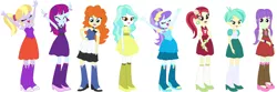 Size: 1687x560 | Tagged: safe, artist:sturk-fontaine, derpibooru import, aqua blossom, cloudy kicks, golden hazel, mystery mint, paisley, rose heart, starlight, tennis match, equestria girls, background human, bases used, clothes, dress, fall formal outfits, image, png, simple background, white background